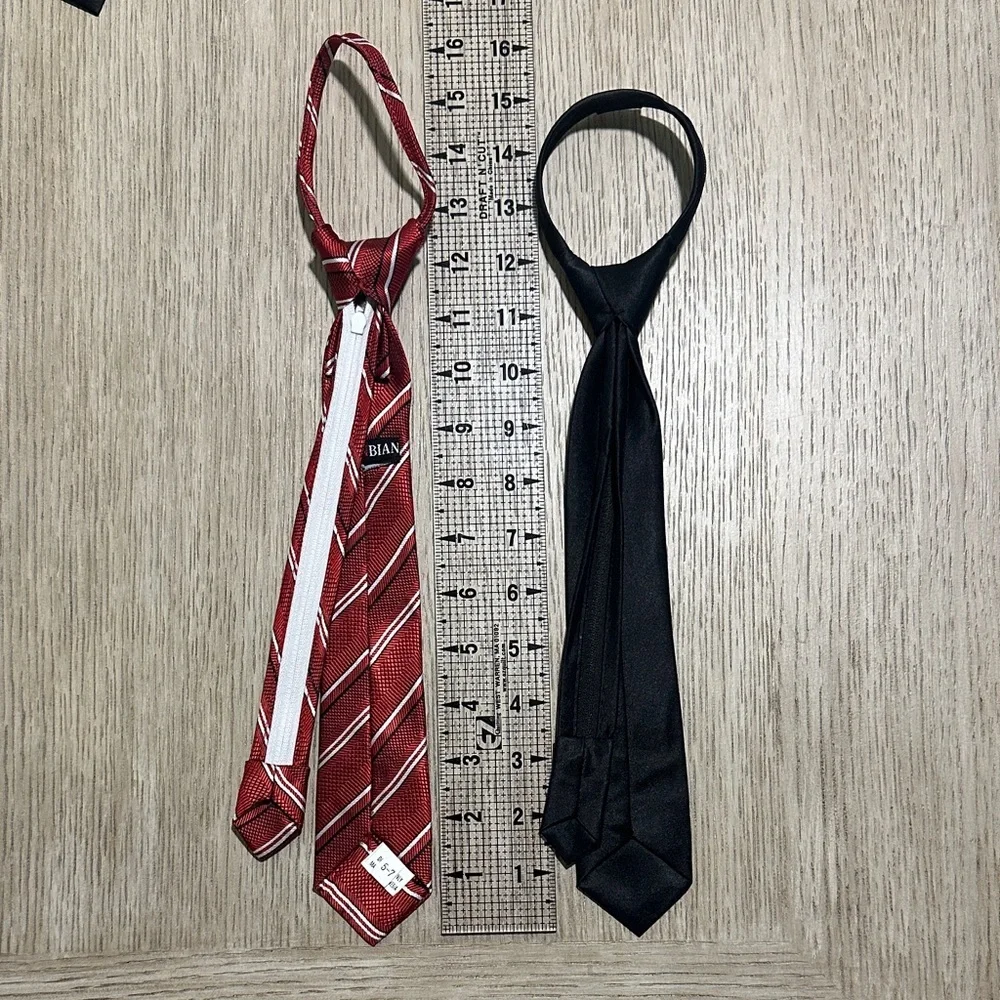 Pre-Tied/ Zipper Red Striped and Black Solid Kids Neck Ties - Set of 2 (2”W)